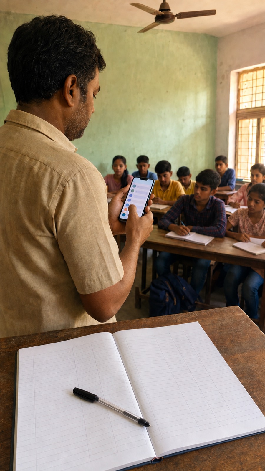 A tuition teacher marking attendance on a phone at the front of a small class, with an open paper attendance register on the desk beside them.