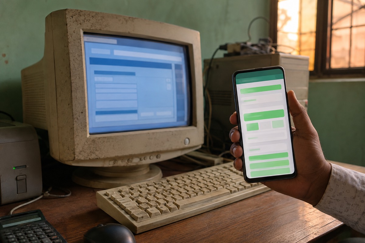 An old desktop computer running installed coaching software beside the same student list, fees and attendance open on a phone.